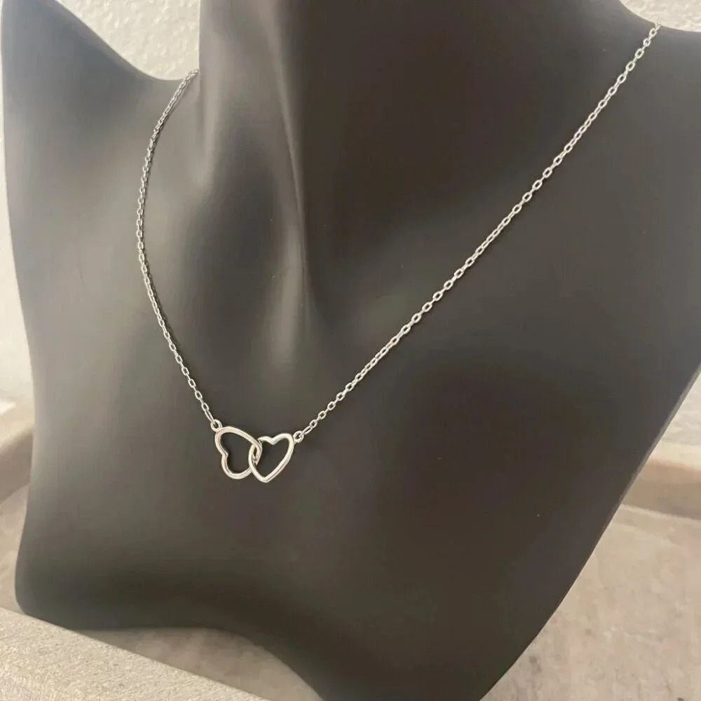 925 Sterling Silver Double Heart Linked Necklace Interlocking Hearts Necklace - Picture 8 of 15